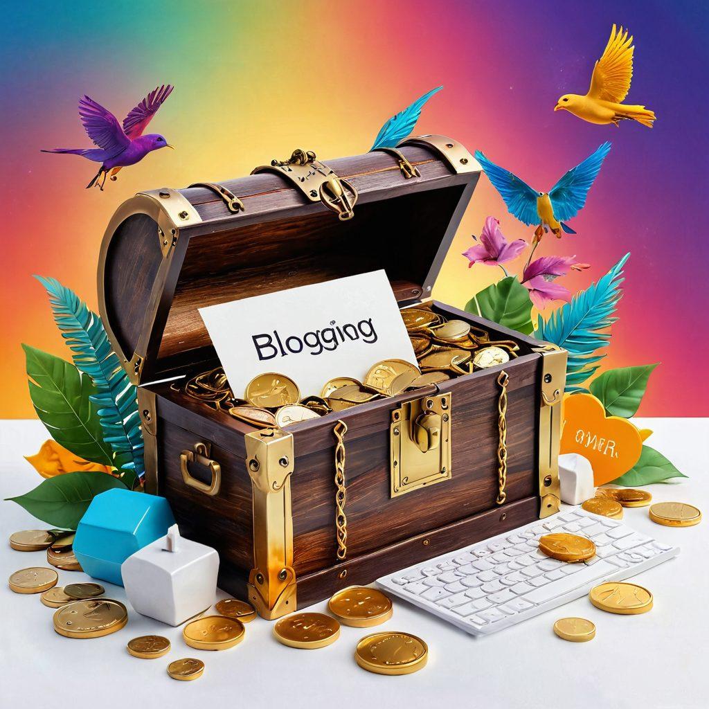 A captivating scene featuring an open treasure chest filled with shiny gold coins, scrolls labeled 'Blogging Tips' and 'TGP Secrets'. Surrounding it, a vibrant backdrop of a digital landscape representing the online world, with colorful icons of social media and blog icons floating around, symbolizing online success. The atmosphere is inviting and intriguing, emphasizing discovery and guidance. super-realistic. vibrant colors. white background.
