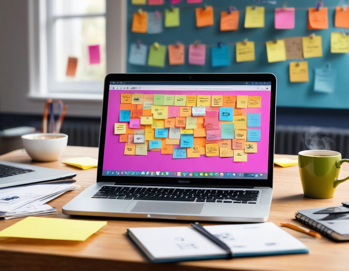 A creative workspace with a laptop displaying a vibrant blog interface, surrounded by colorful sticky notes with tips and ideas. A steaming coffee cup sits beside an open notebook filled with brainstorming sketches. The background features a digital landscape with interconnected social media icons symbolizing the online blogging community. The overall mood is inspiring and productive. super-realistic. vibrant colors. 3D.