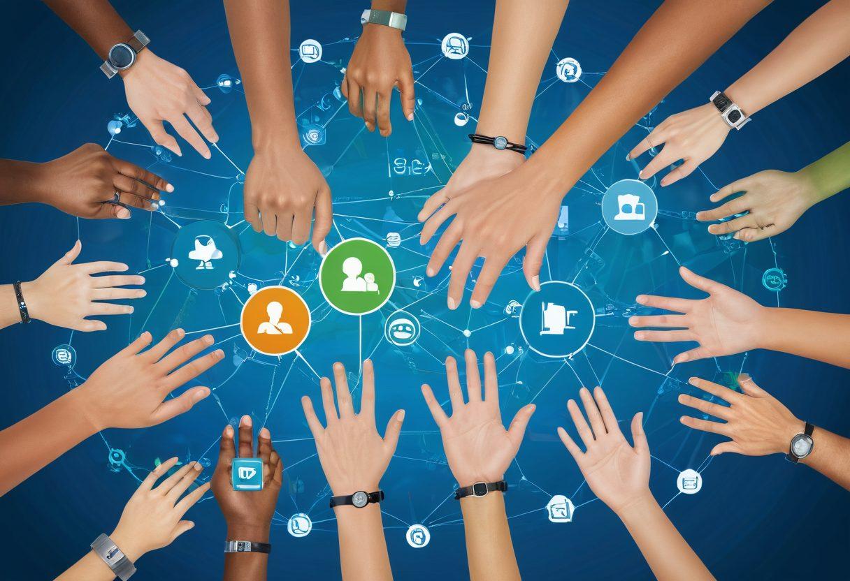 A vibrant web network diagram showcasing interconnected nodes representing bloggers, each node displaying diverse blog themes and personalities. In the foreground, two hands shaking symbolize partnerships and collaboration, surrounded by social media icons and communication tools. The background features a subtle gradient merging from blue to green, evoking growth and connectivity. super-realistic. vibrant colors.